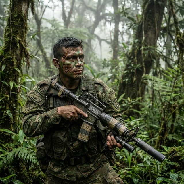 架空の南米国家のエリート・ジャングル特殊部隊兵士のドラマチックで高品質な写真。兵士は高度な緑と茶色のジャングル迷彩を着用し、霧深いアマゾンの密林に完全に溶け込んでいる。伝統的な先住民の顔のペイントが戦術的な迷彩グリースと混ざり合っている。