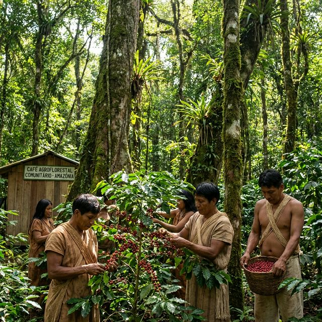 深いアマゾンの熱帯雨林にある、穏やかで木漏れ日が差し込む日陰栽培のコーヒー農園。伝統的な衣服を身に着けた先住民の農民たちが、巨大で古いジャングルの木々の樹冠の下で、鮮やかな赤いコーヒーチェリーを丁寧に手摘みしている。
