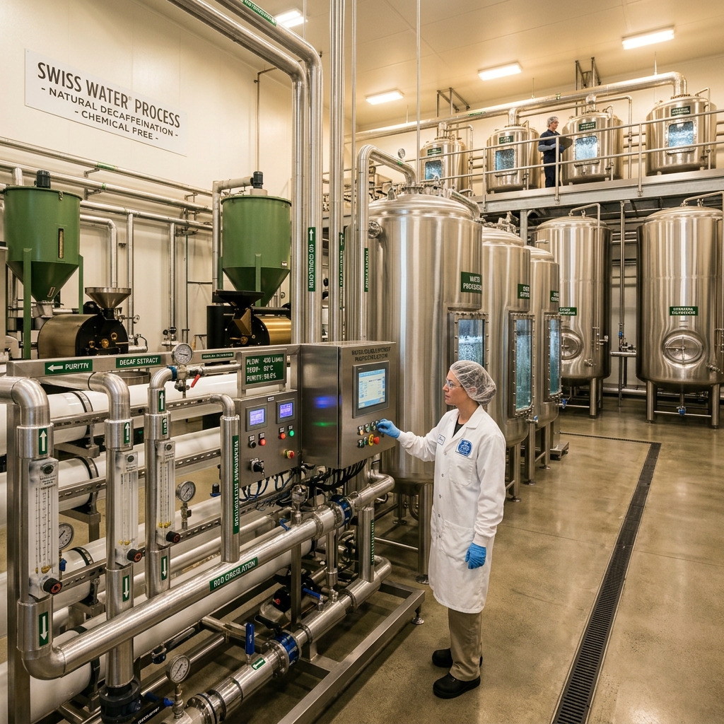 スヴァル式ディカフェ抽出プロセス（Suvar Water Process）。化学薬品を一切使用しない最先端のカフェインレス処理施設。